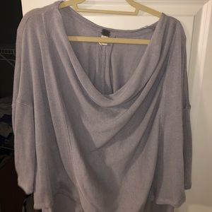 Off the shoulder swoop neck light purple sweater.